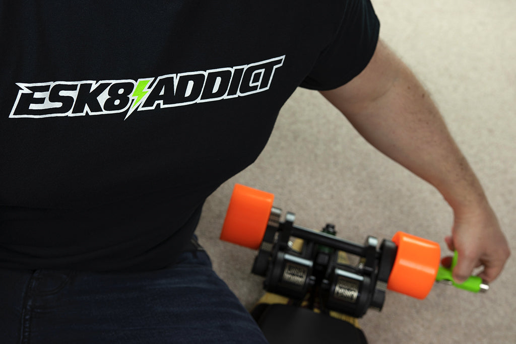 ESK8 Addict T-Shirt Black - Loaded Vanguard - Orangatang Caguamas - T Tool - Maytech 6355 Motors - 10S3P - eBoosted